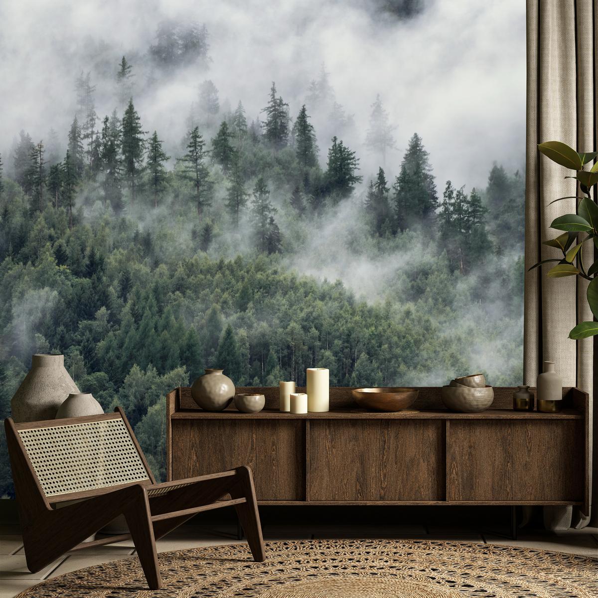 FOTOTAPETE für Schlafzimmer Morgennebel Nadelwald Bäume 350x256 - Weiß/Grau, Papier (350/256cm) - Muralo