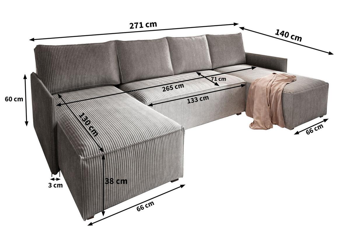 WOHNLANDSCHAFT TRES Graphitfarben Kordstoff mit Schlaffunktion - Graphitfarben/Grau, Holz/Kunststoff (271/85/140cm) - MASSENO