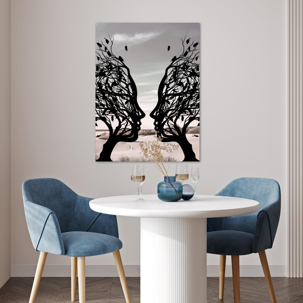 POSTER Strand - Meer - Menschen - Baum - Moderne Kunst Deko Wohnzimmer 60x80 cm - Hellgrau, Papier (60/80/0.1cm) - MuchoWow