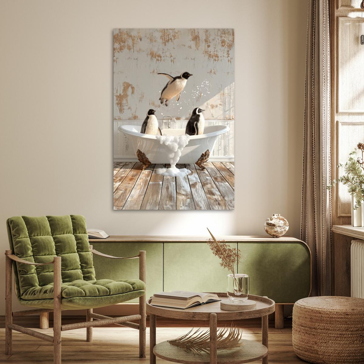POSTER Vintage - Pinguin - Badewanne - Schaumstoff Wandbild Schlafzimmer 80x120 cm - Schwarz, Papier (80/120/0.1cm) - MuchoWow