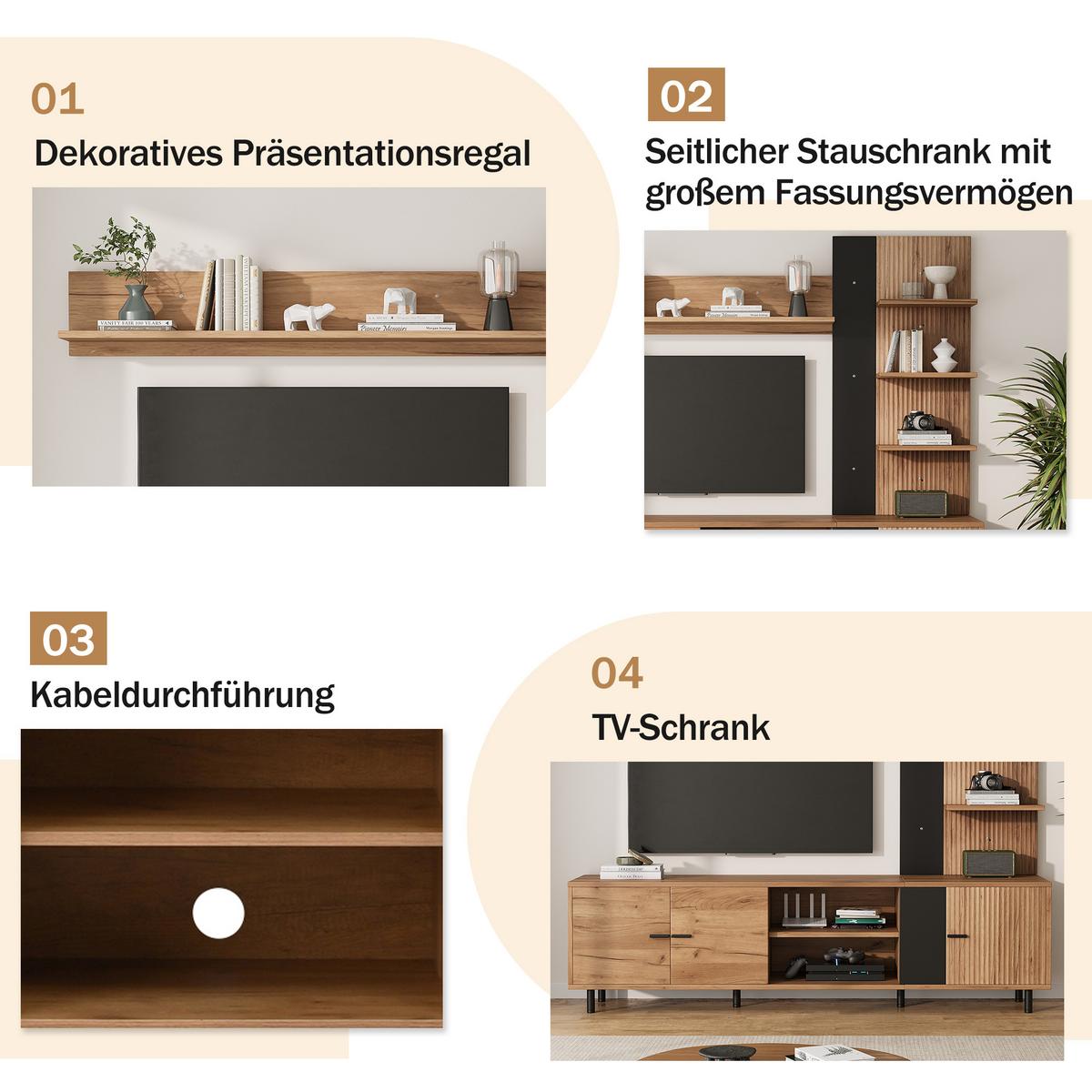 TV LOWBOARD set holz schwarz modern stauraum - Naturfarben, Holzwerkstoff (187.5/167/40cm) - Urban Meuble