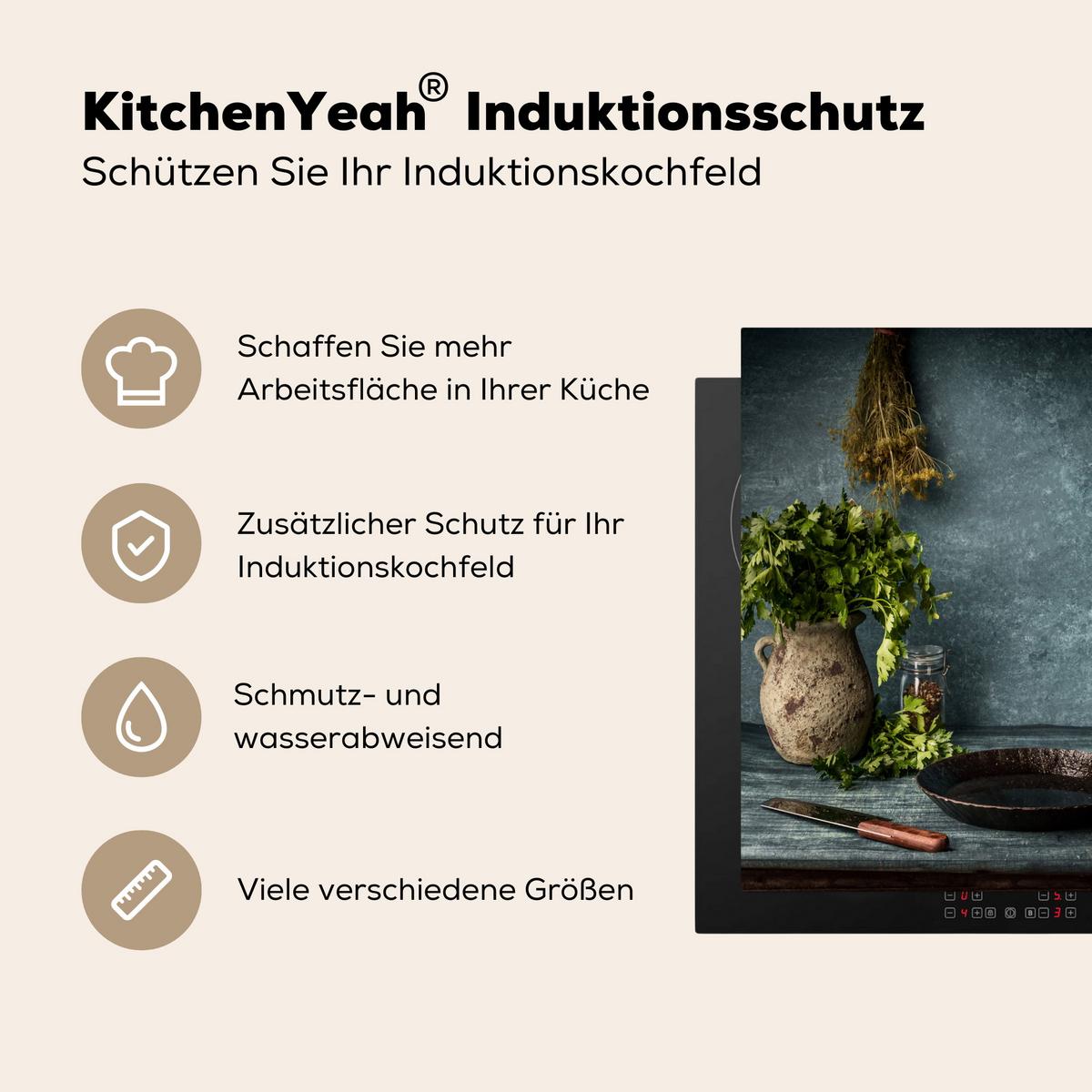 HERDABDECKPLATTE Kräuter - Gewürze - Pfanne - Messer - Grau - Rustikal Induktionsmatte 78x78 cm - Petrol, Kunststoff (78/78/0.2cm) - MuchoWow