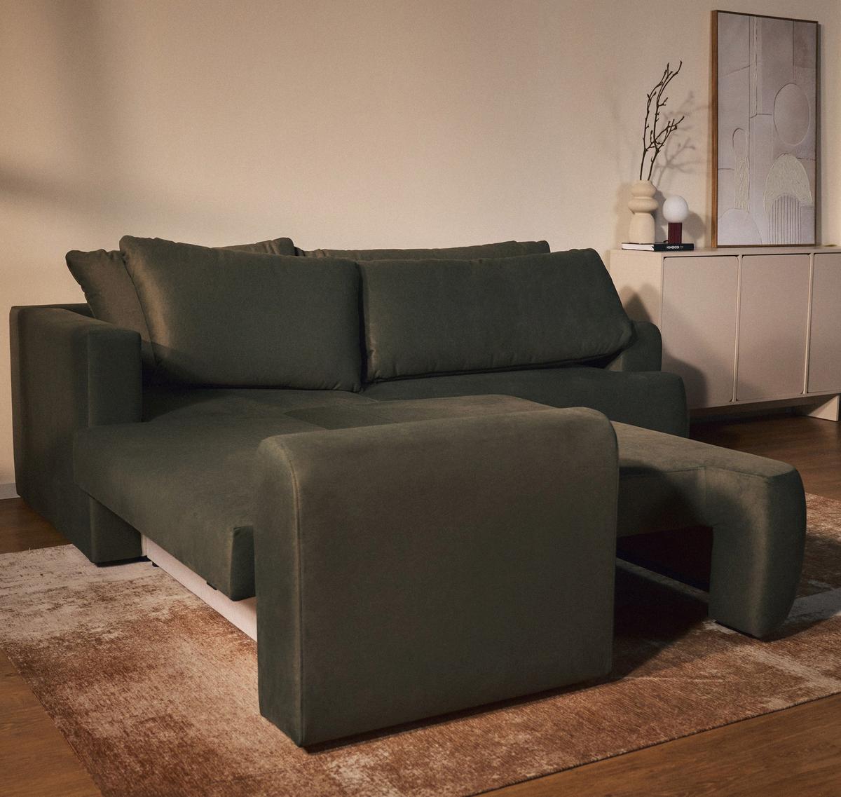 ECKSCHLAFSOFA Ovo OLIVFARBENER VELOURSSTOFF universell MIT BETTKASTEN - Schwarz/Olivgrün, Kunststoff/Textil (245/245cm) - Selsey
