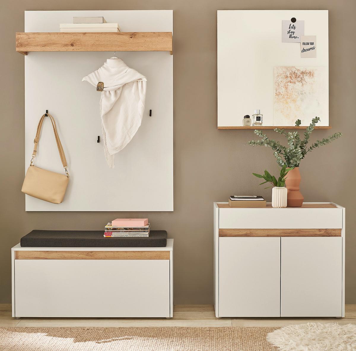GARDEROBE 5-teilig Set weiß, Eiche Wotan 190 cm, viel Stauraum - Eiche Wotan/Silberfarben, Glas/Holzwerkstoff (190/200/40cm) - Furn.Design