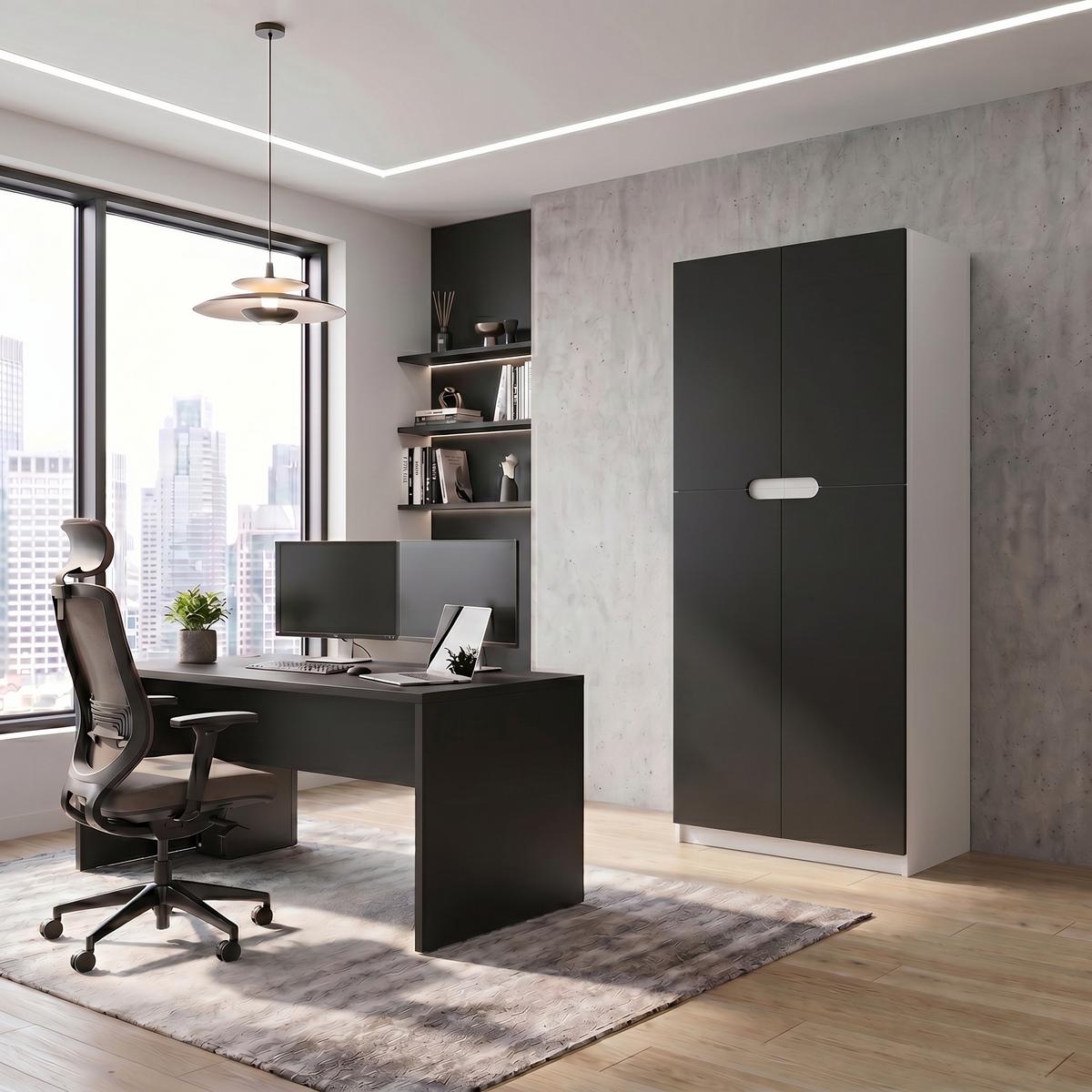 BÜROSCHRANK Logan Fronten in Schwarz matt - Schwarz, Holzwerkstoff (82/184/37cm) - Vladon