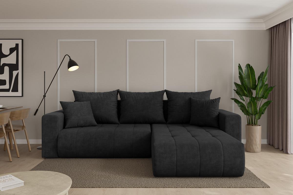 ECKSOFA mit Schlaffunktion Ottomane Rechts MILA-L 277x194x86 Schwarz Velours - Schwarz, Holzwerkstoff/Kunststoff (277/194cm) - ALTDECOR