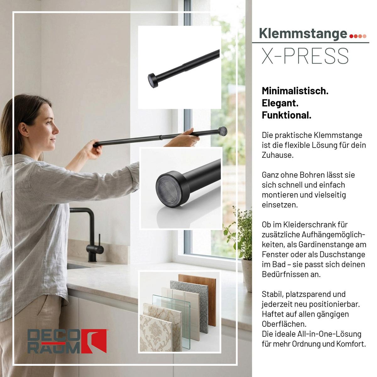 DUSCHVORHANGSTANGE ohne Bohren ausdrehbare Teleskop-Klemmstange aus Metall 125-220cm - Schwarz, Metall (125cm) - Deco-Raum