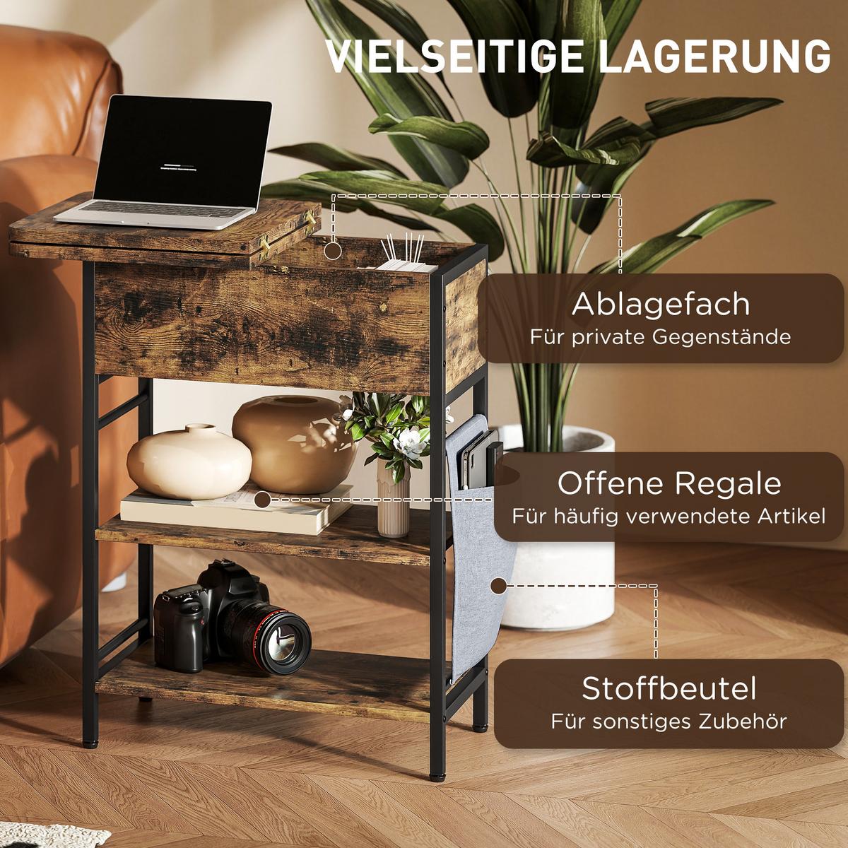 BEISTELLTISCH Nachttisch mit Steckdosenleiste, 2 Ebenen, Couchtisch mit USB - Schwarz/Braun, Metall (60/29.8/58.5cm) - HOMCOM