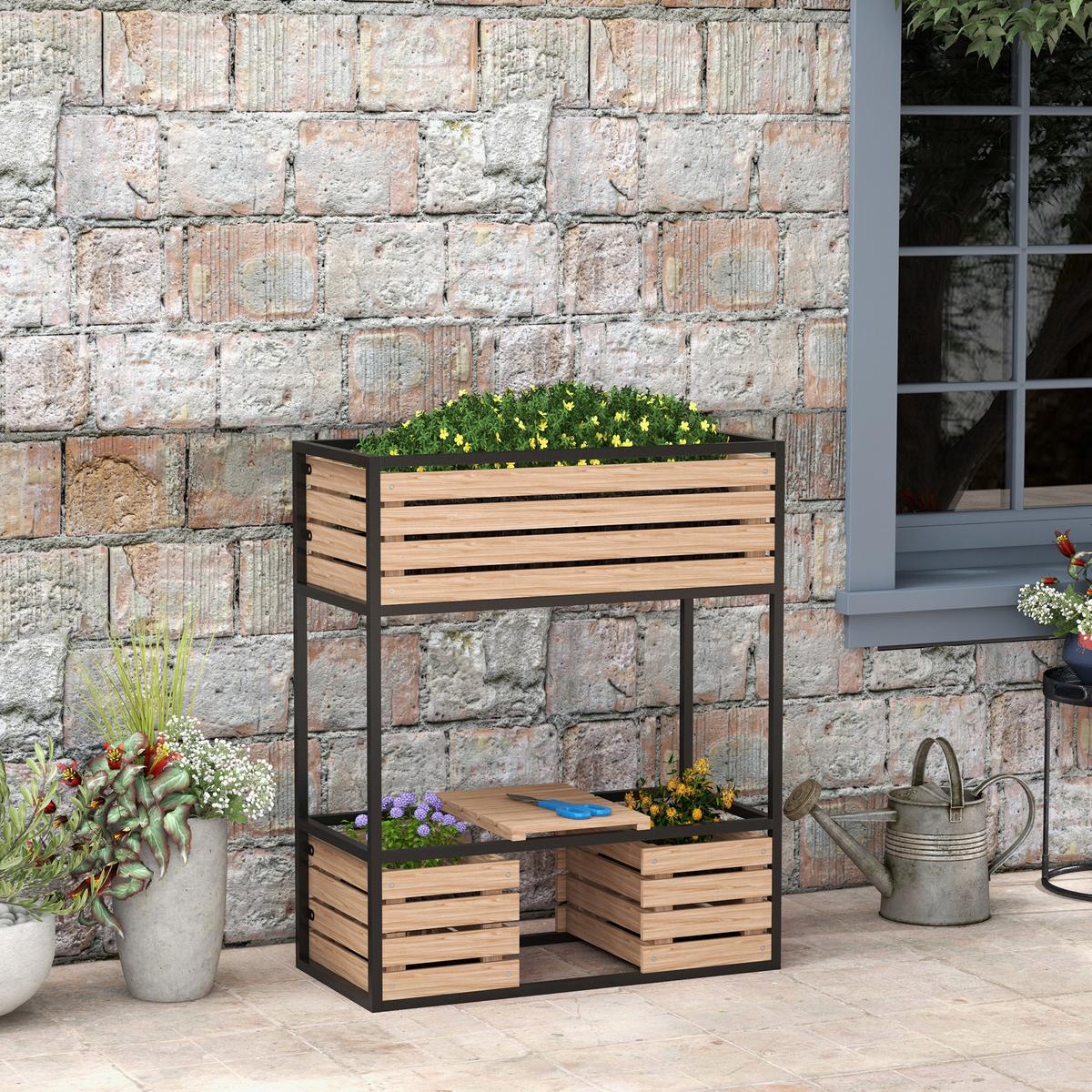 HOCHBEET aus Holz, 2-Stufiger Blumenkasten mit Ablage, für Garten, Balkon, Hellbraun - Braun, Metall (39/100/83cm) - Outsunny