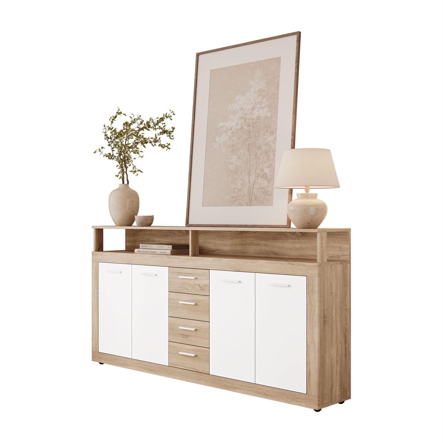 KOMMODE ROMANO mit Schubladen - Weiß/Sonoma Eiche, Holzwerkstoff (190/96/32cm) - Lookway