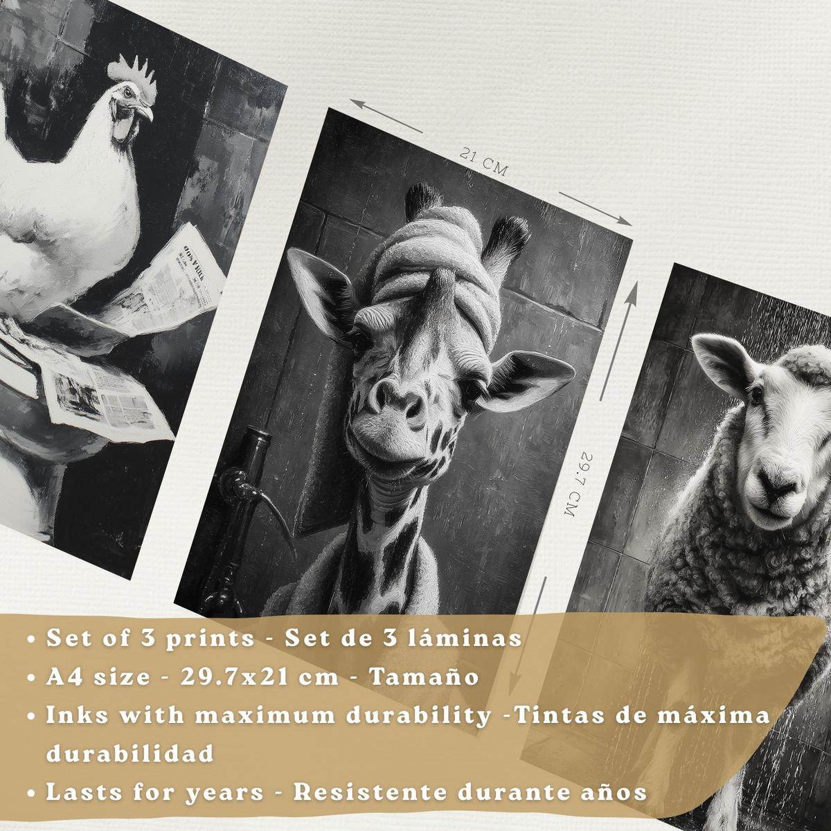 POSTER 3er-Set lustige Schwarz-Weiß-Drucke, Tiere im Badezimmer-Poster, witzige WC-Dekoration für Toilette, Vintage-Stil Leichter Holzrahmen A4 - Beige, Papier (29.7/21/3cm) - Nacnic