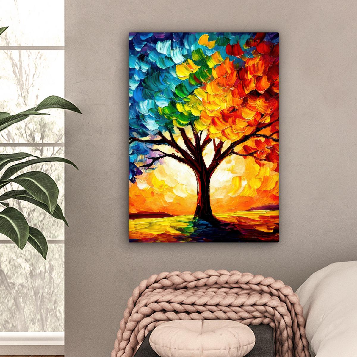 LEINWANDBILD Baum - Kunst - Natur - Sonnenuntergang Wandbild Wohnzimmer 60x80 cm - Multicolor, Textil (60/80cm) - MuchoWow