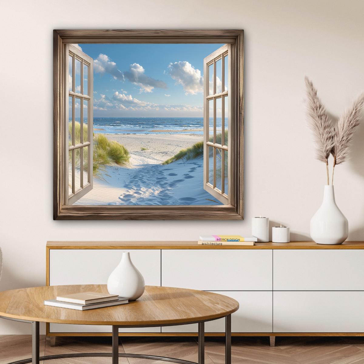 LEINWANDBILD Aussicht - Strand - Fenster - Dünen - Meer Deko Groß 90x90 cm - Hellblau, Textil (90/90cm) - MuchoWow