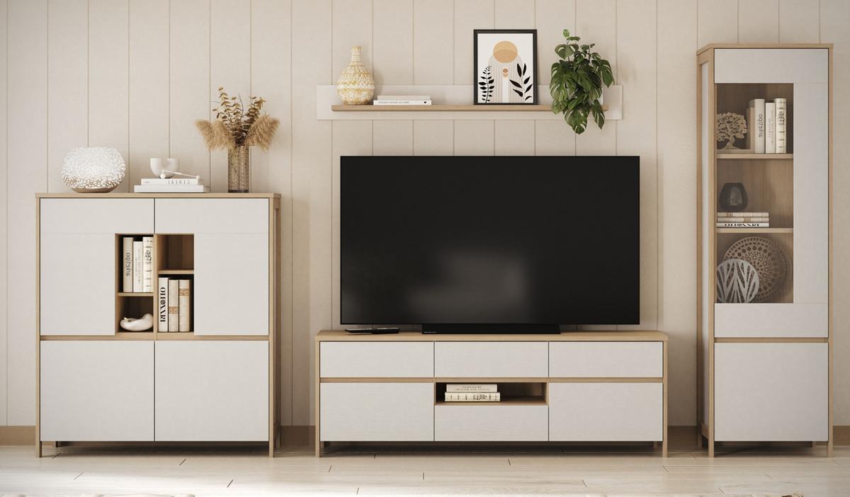WOHNWAND weiß, Eiche 4-teilig 360 cm, Wohnkombination skandinavisch mit Soft-Close, Finnes - Eichefarben/Weiß, Holzwerkstoff/Metall (363/195/39cm) - Furn.Design