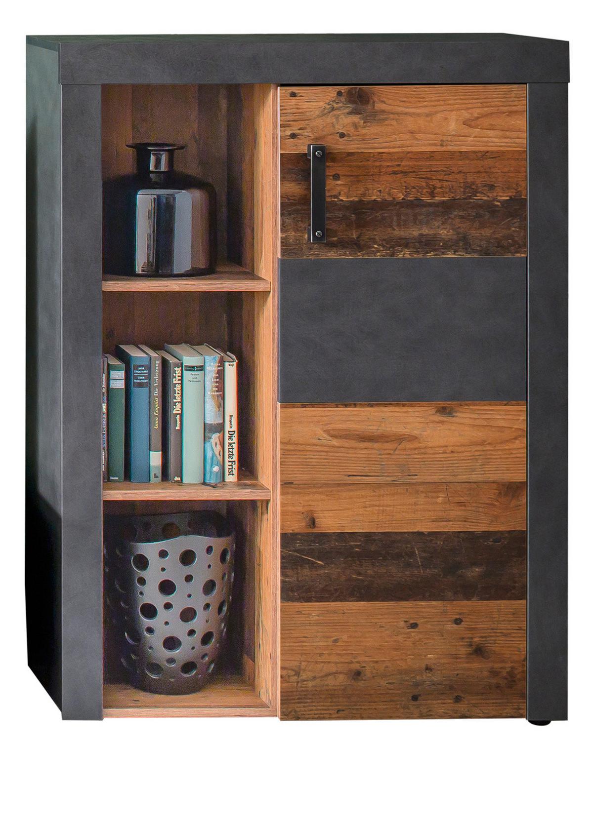 HIGHBOARD Used Wood Altholz Design mit Grau, Vitrine mit LED Beleuchtung - Silberfarben/Schwarz, Glas/Holzwerkstoff (87/118/34cm) - Top.Furn
