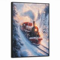 LEINWAND Bilder mit Rahmen - Weihnachtszug - Schnee - Winter - Weihnachten - 60x80 - Dunkelrot, Textil (60/80cm) - MuchoWow