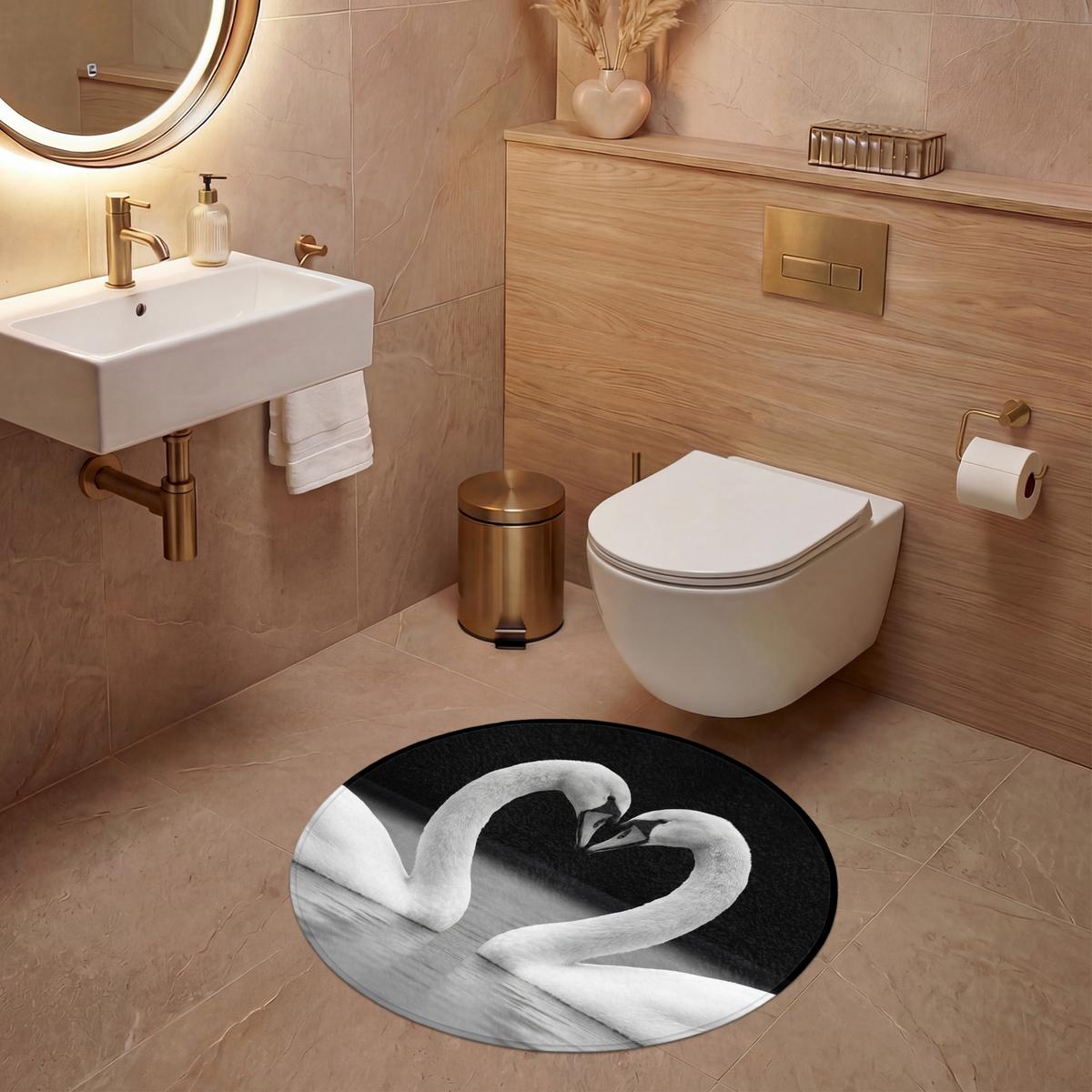 WC-VORLEGER Schwäne - Herz - Schwarz - Weiß Toilettenteppich 70x70 cm - Schwarz, Textil (70/1cm) - OnlyWow