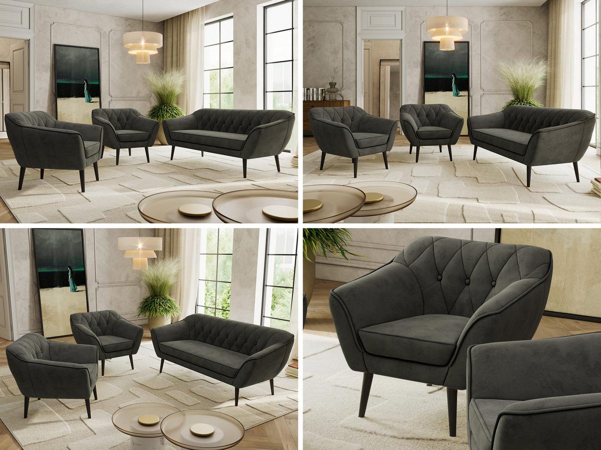 SITZGARNITUR PIRS 3+1+1 - Dunkelgrau Velvet - Schwarze Beine - Dunkelgrau/Schwarz, Holzwerkstoff/Textil (180/75/74cm) - MKS