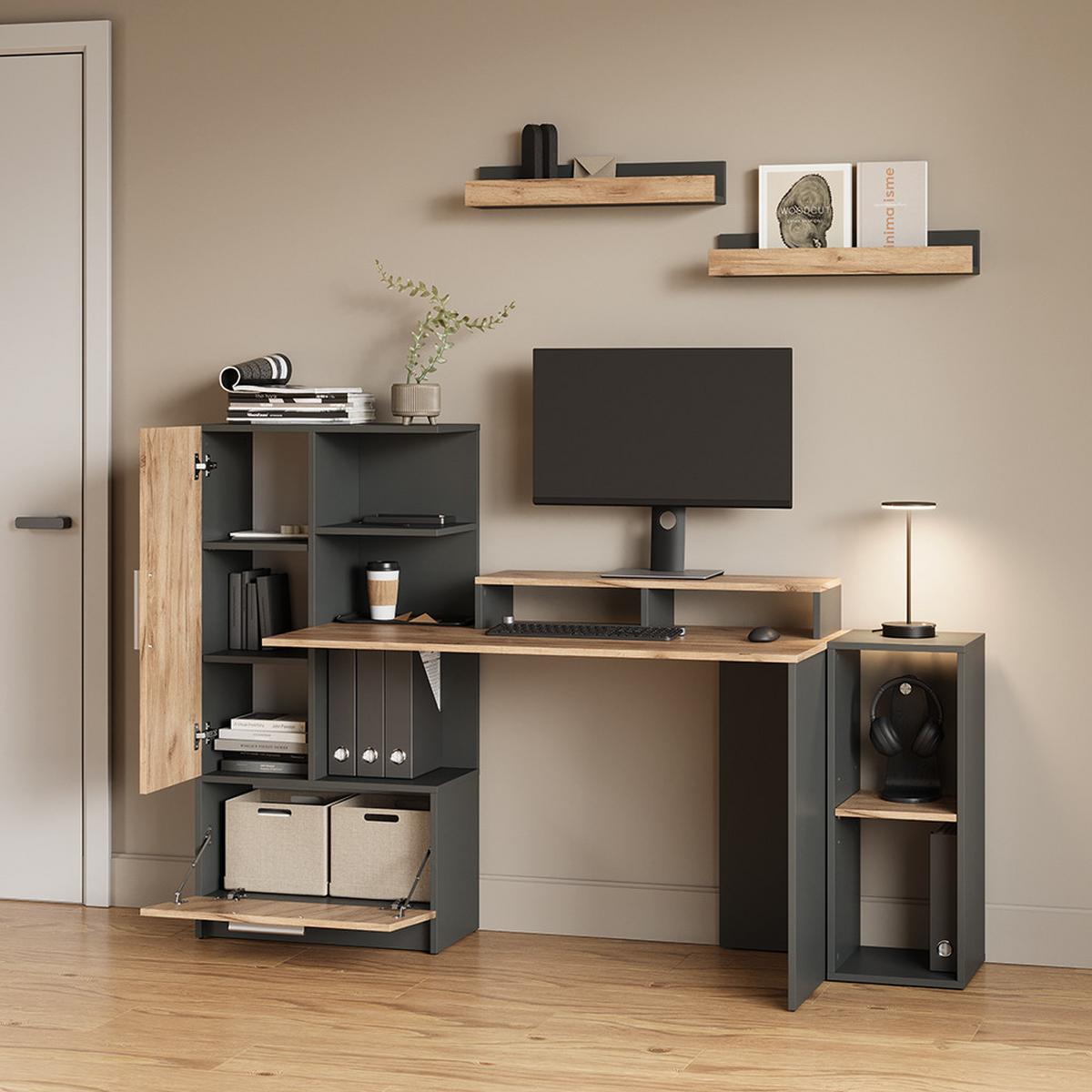 WANDREGAL Lorena Anthrazit/Goldkraft Eiche 60 x 10 cm 2er Set - Honigeiche/Anthrazit, Holzwerkstoff (60/10/12cm) - Livinity®