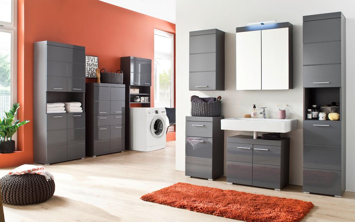 HOCHSCHRANK grau Hochglanz 37 x 190 cm, Badschrank 2-türig - Grau, Holzwerkstoff/Kunststoff (37/190/31cm) - Top.Furn