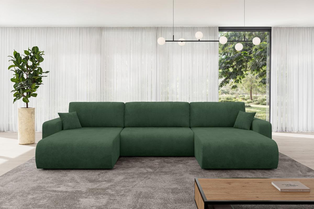 WOHNLANDSCHAFT mit Schlaffunktion und Bettkasten BERY-U 377x193x88 Grün Cord - Dunkelgrün/Schwarz, Holzwerkstoff/Kunststoff (377/88/193cm) - ALTDECOR