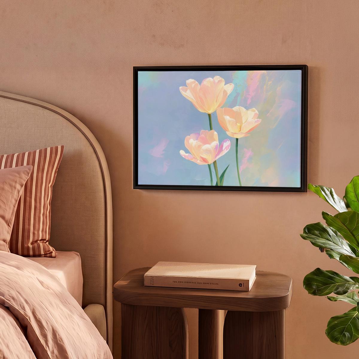 LEINWAND Bilder mit Rahmen - Tulpen - Rosa Akzente - Blau - 40x30 - Pastellblau, Textil (40/30cm) - MuchoWow