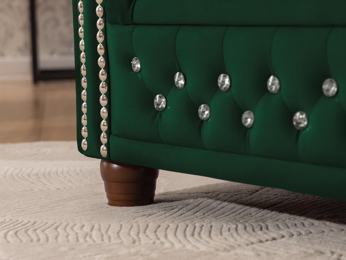 CHESTERFIELD-SOFA 2-sitzer Cleo Blink Flasche Grün Samt mit Kristallsteppung und braunen Massivholzfüßen - Braun/Grün, Holz/Textil (148/72/86cm) - S-Style Möbel