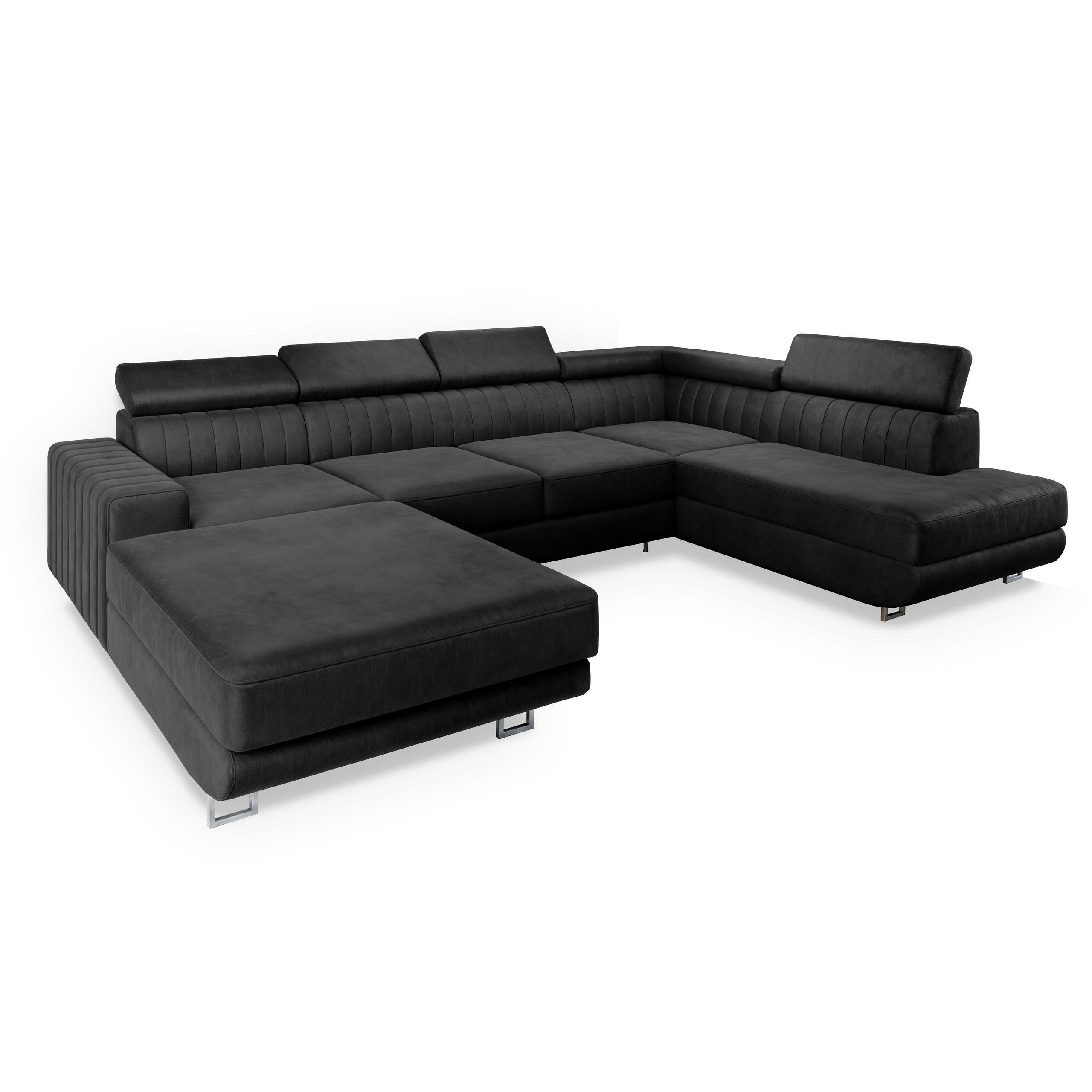 WOHNLANDSCHAFT SIENA R-S Schwarz Velours-Stoff mit Schlaffunktion - Silberfarben/Schwarz, Holz/Textil (335/89/202cm) - MASSENO
