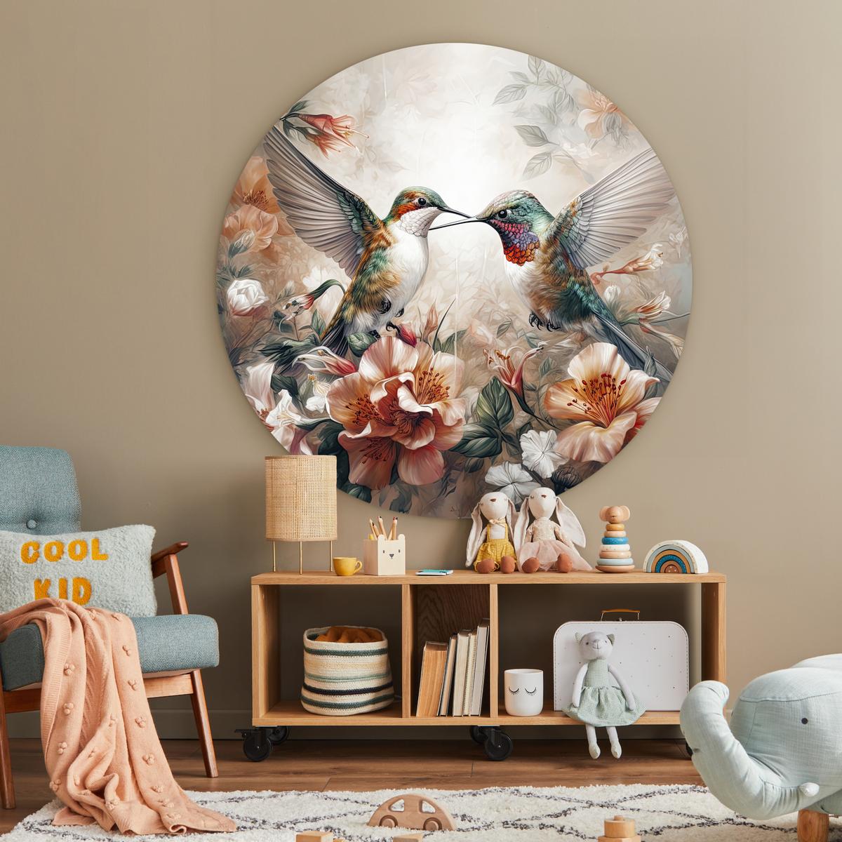 WANDBILD Kolibri - Vögel - Blumen - Natur Deko Groß 150x150 cm - Altrosa, Kunststoff (150/150cm) - MuchoWow