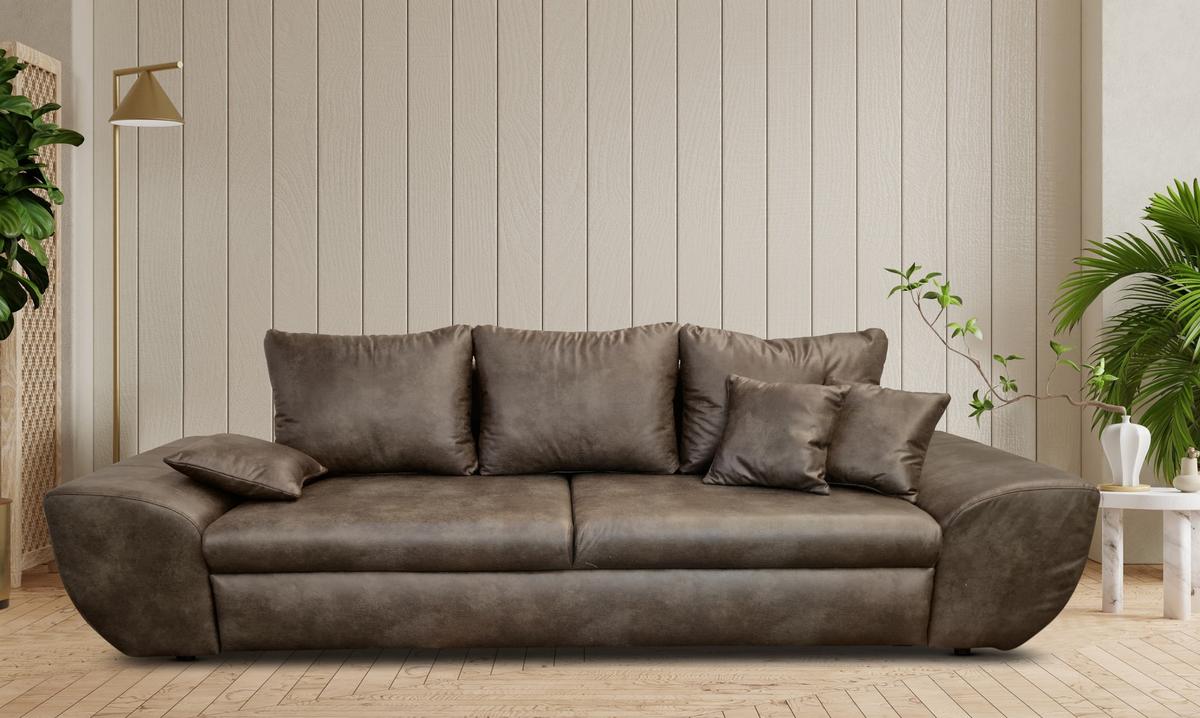 BIG-SOFA mit Schlaffunktion, Bettkasten, Wellenunterfederung B275/T98/H90 cm, Liegefläche 148x194 cm, Mikrofaser Leder-Optik Vintage Braun / 18008 - Dunkelbraun/Schwarz, Kunststoff/Textil (275/90/98cm) - luma-home