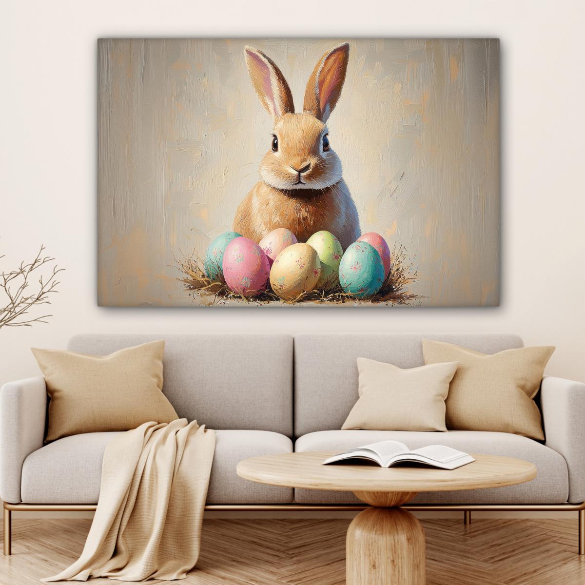 LEINWANDBILD Osterhase - Pastell - Eier Wohnzimmer Groß 120x80 cm - Beige, Textil (120/80cm) - MuchoWow