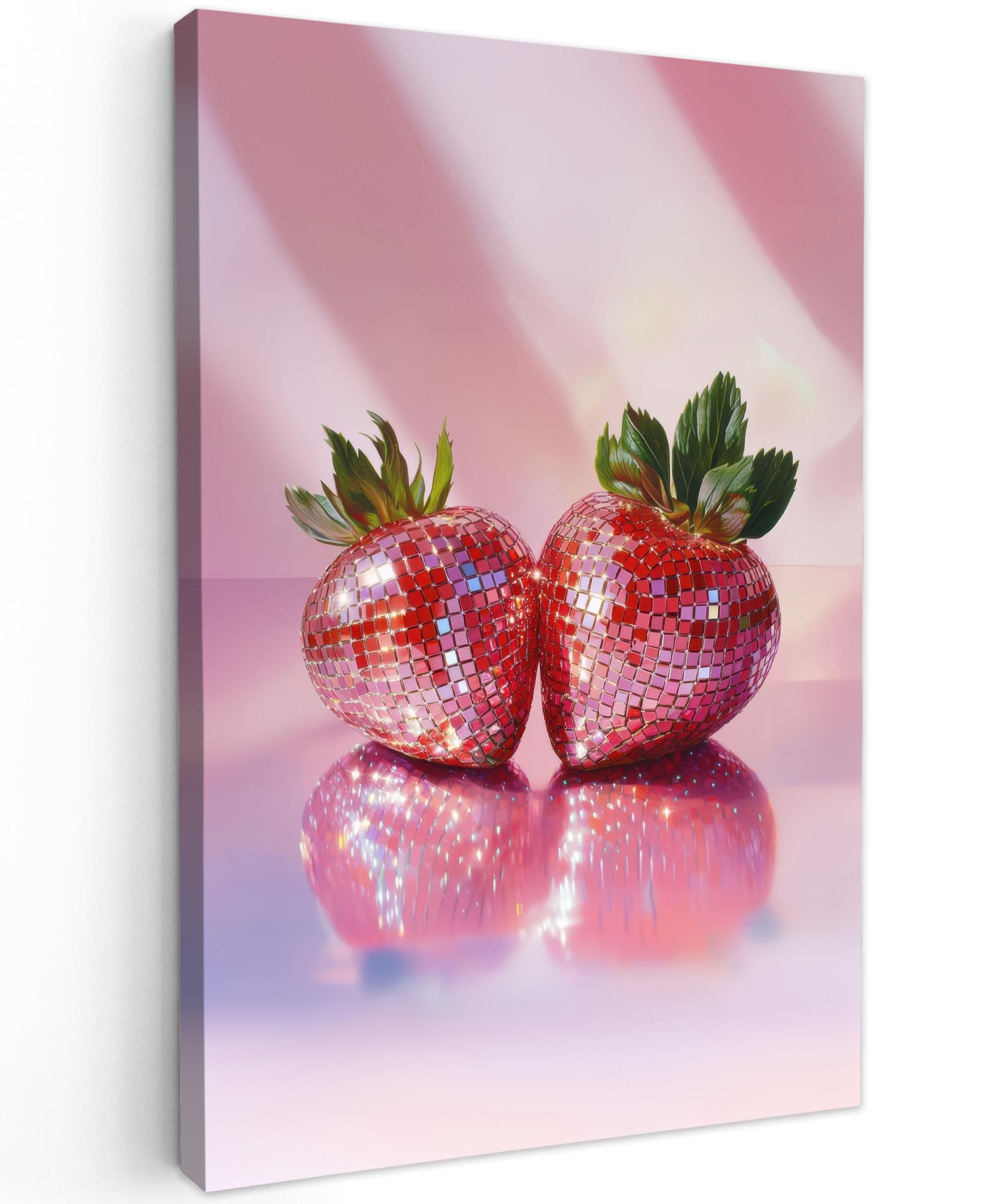 LEINWANDBILD Disco - Obst - Glitzer - Erdbeere Deko Groß 90x140 cm - Pink, Textil (90/140cm) - MuchoWow