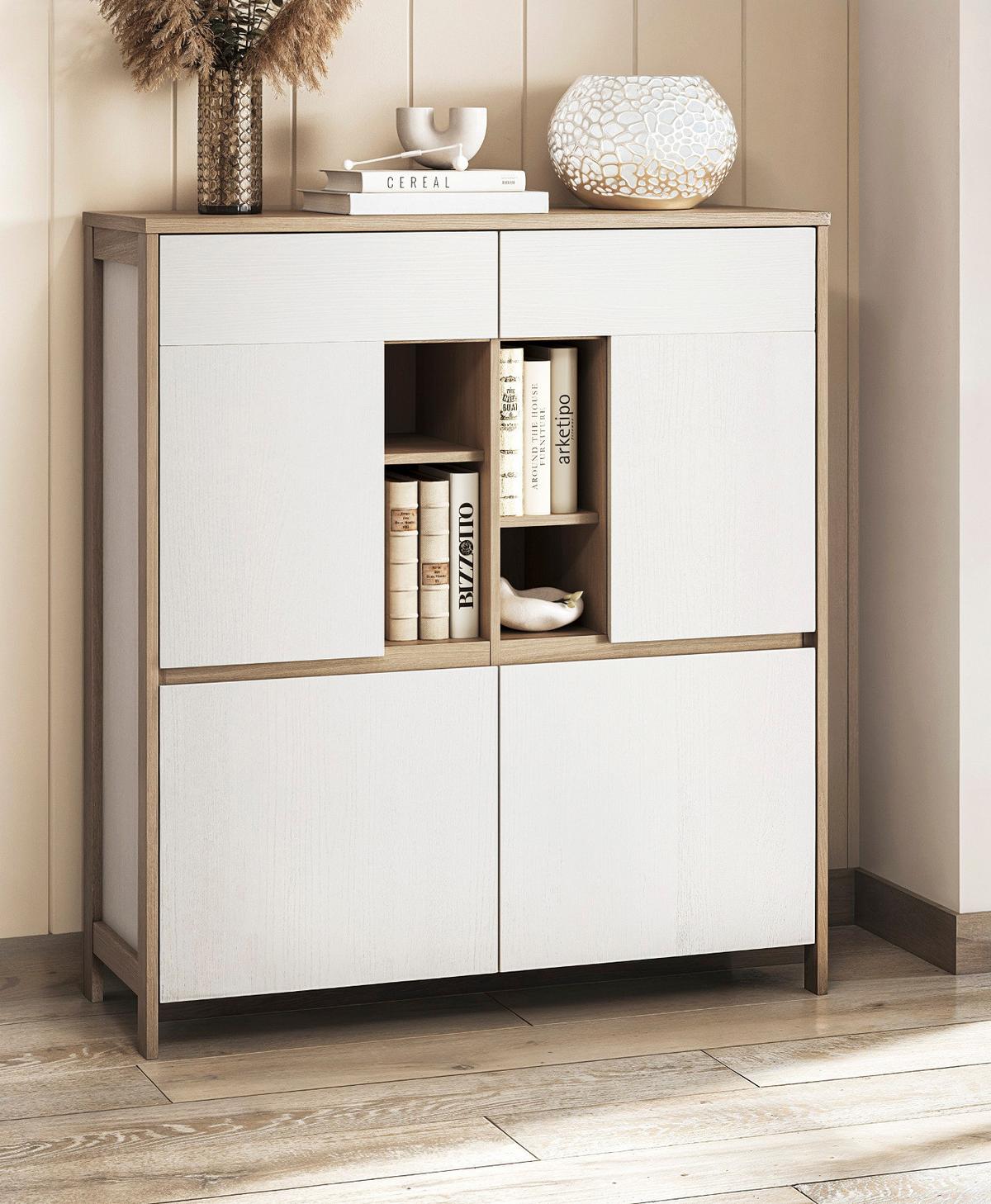 HIGHBOARD weiß, Eiche 111 cm, Kommode skandinavisch mit Soft-Close, Finnes - Eichefarben/Weiß, Holzwerkstoff/Metall (111/125/39cm) - Furn.Design
