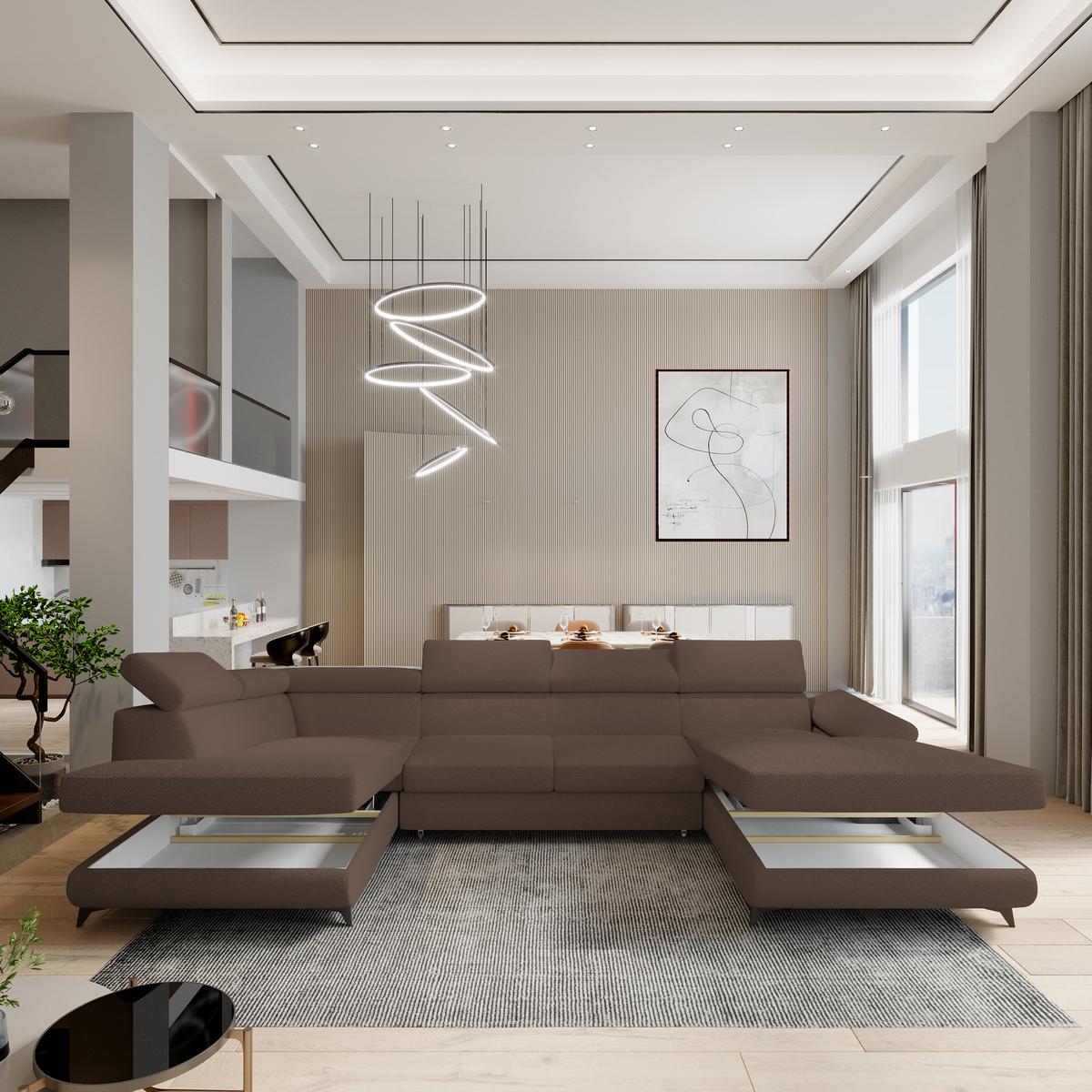 WOHNLANDSCHAFT RUBANO L-S Braun Boucle-Stoff mit Schlaffunktion - Braun, Holz (339/89/190cm) - MASSENO