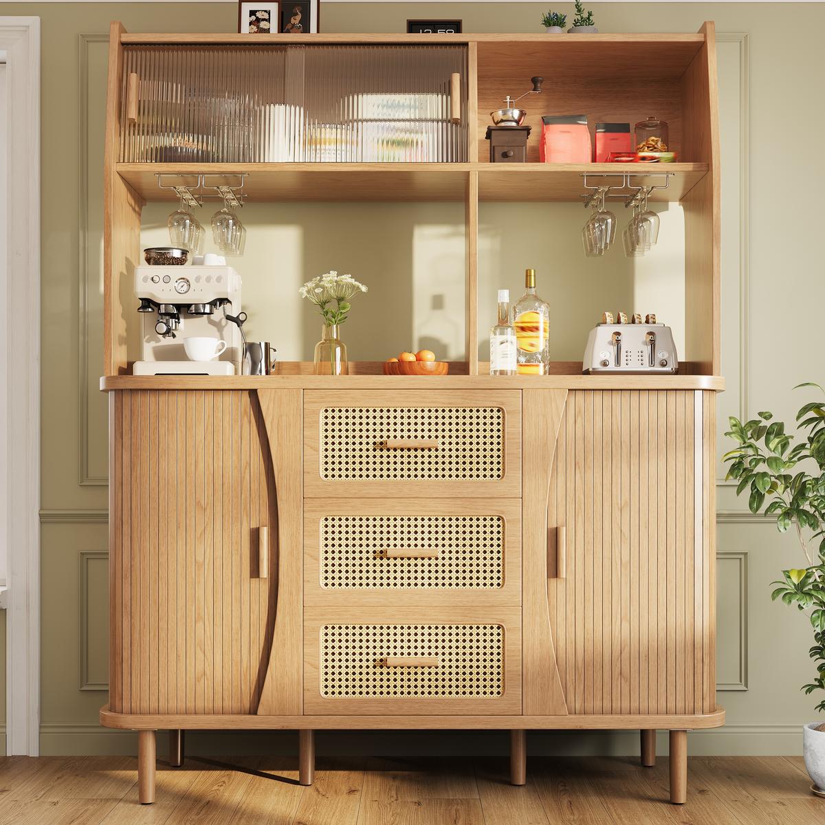 BUFFETSCHRANK Holzoptik mit Rattan & Glasschiebetüren, 140x174,5cm, Küchenschrank - Naturfarben, Holzwerkstoff (140/174.5/40.5cm) - Urban Meuble