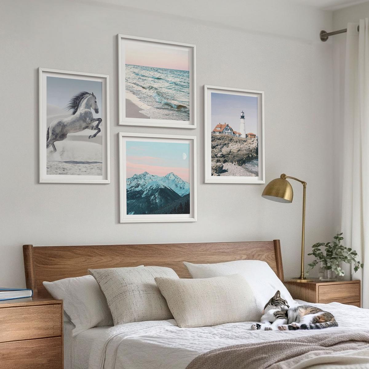 BILDER SET 4er Set - 50x50 cm & 40x60 cm Weißer Rahmen - Pferde, Bewegung, Strand, Leuchtturm, Berge - Weiß, Kunststoff (50/50cm) - TULUP