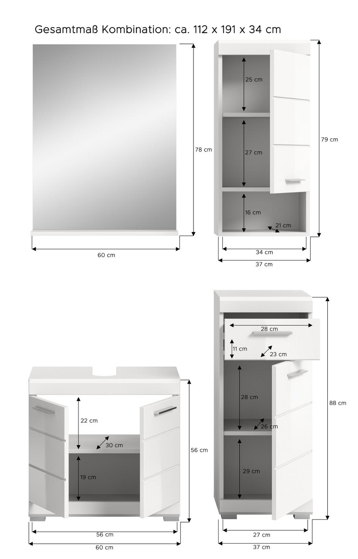 BADMÖBEL-SET weiß Hochglanz 4-teilig 112 cm, Komplettset mit viel Stauraum - Weiß Hochglanz, Glas/Holzwerkstoff (112/191/34cm) - Inn.Furn
