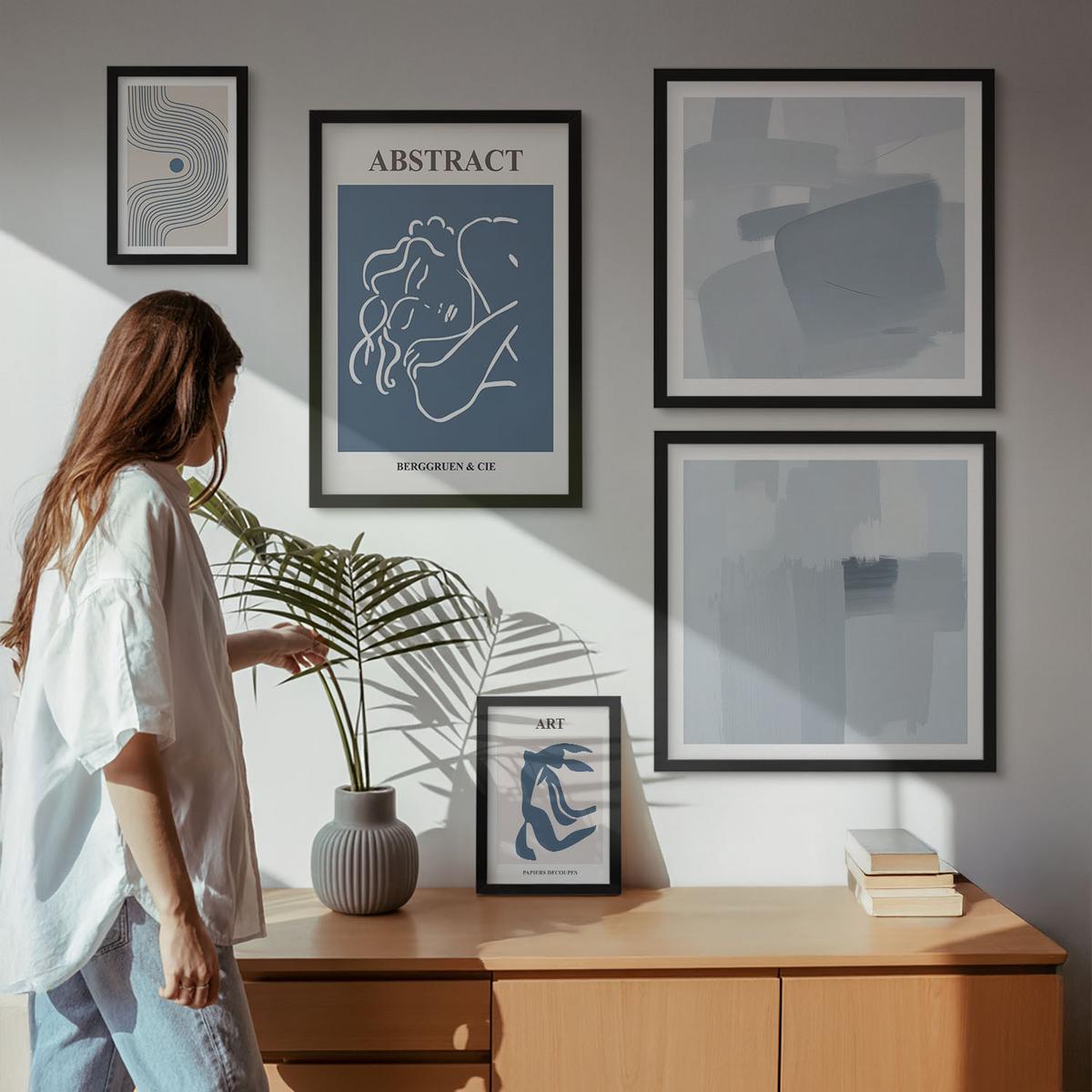 BILDER SET 5er Set - 50x50 cm & 20x30 cm & 40x60 cm Schwarzer Rahmen - Poster mit abstrakten Linien und Wellen - Schwarz, Kunststoff (40/60cm) - TULUP