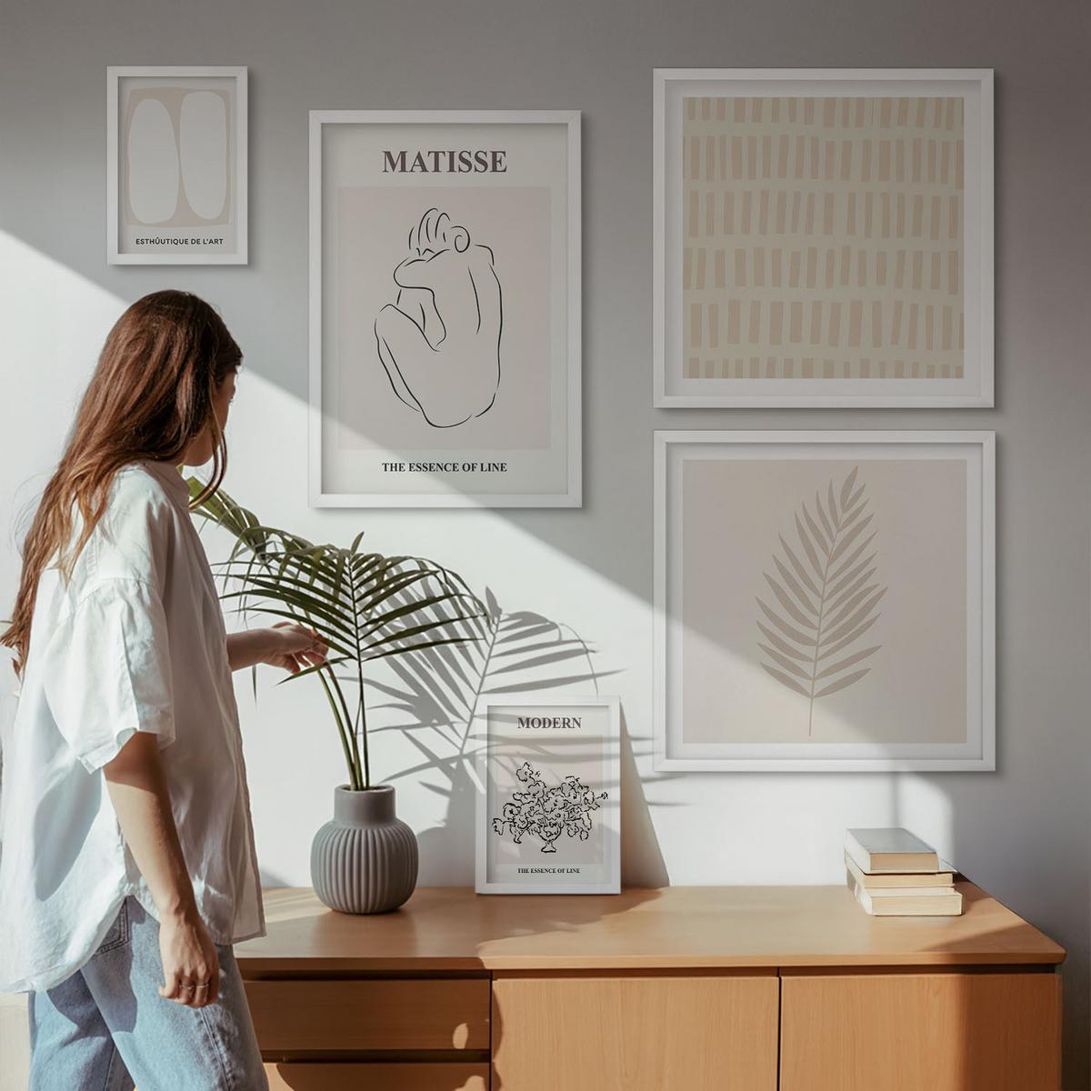BILDER SET 5er Set - 50x50 cm & 20x30 cm & 40x60 cm Weißer Rahmen - Linien, Formen, Beige, Weiß - Weiß, Kunststoff (40/60cm) - TULUP