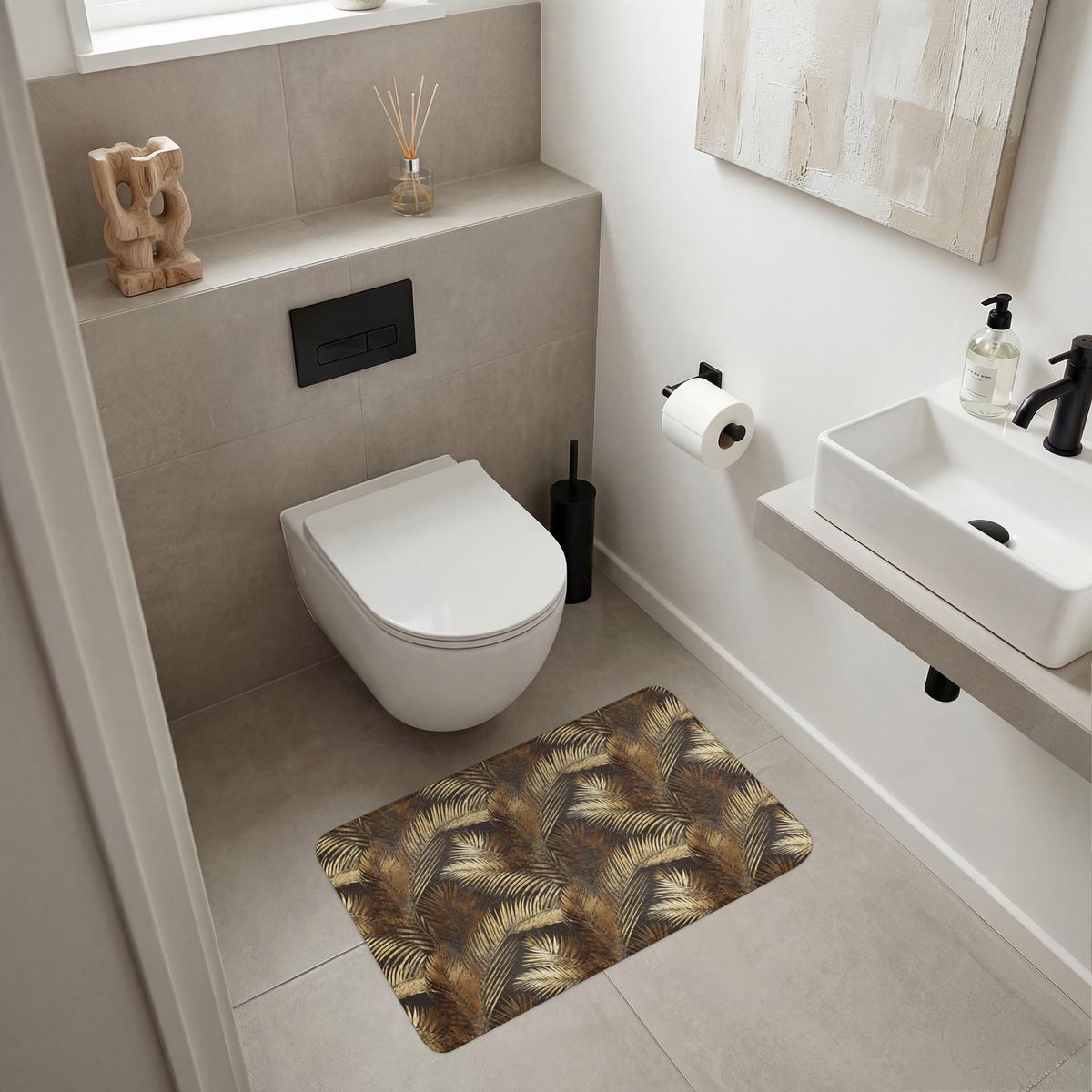 BADEMATTE Tropisch - Blätter - Gold Badvorleger 80x50 cm - Dunkelbraun/Goldfarben, Textil (80/50cm) - OnlyWow
