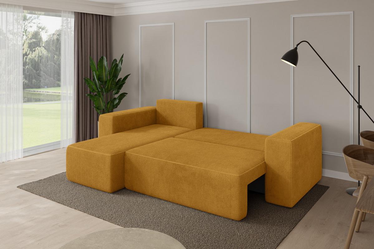 ECKSOFA mit Schlaffunktion Ottomane Links SENO-L 249x139x85 Senfgelb Cord - Dunkelgelb/Schwarz, Holzwerkstoff/Kunststoff (249/139cm) - ALTDECOR
