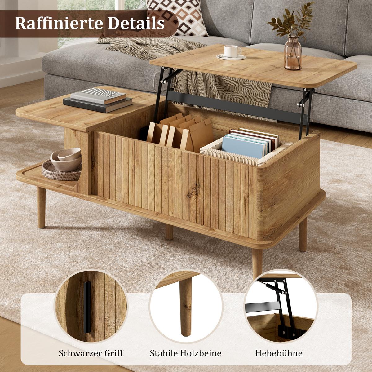 COUCHTISCH Holzoptik Höhenverstellbar mit Rillenoptik & Schiebetür - Naturfarben, Holzwerkstoff (48/100/55.5cm) - Urban Meuble