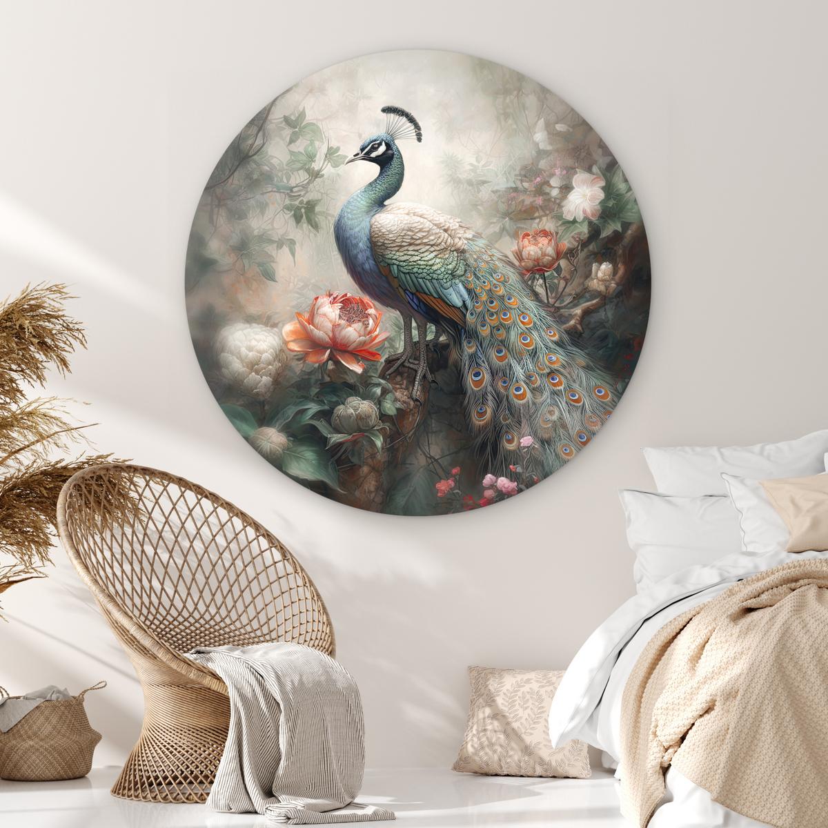 WANDBILD Pfau - Pfauenfedern - Vogel - Dschungel - Blumen Wandbild 120x120 cm - Smaragdgrün, Kunststoff (120/120cm) - MuchoWow