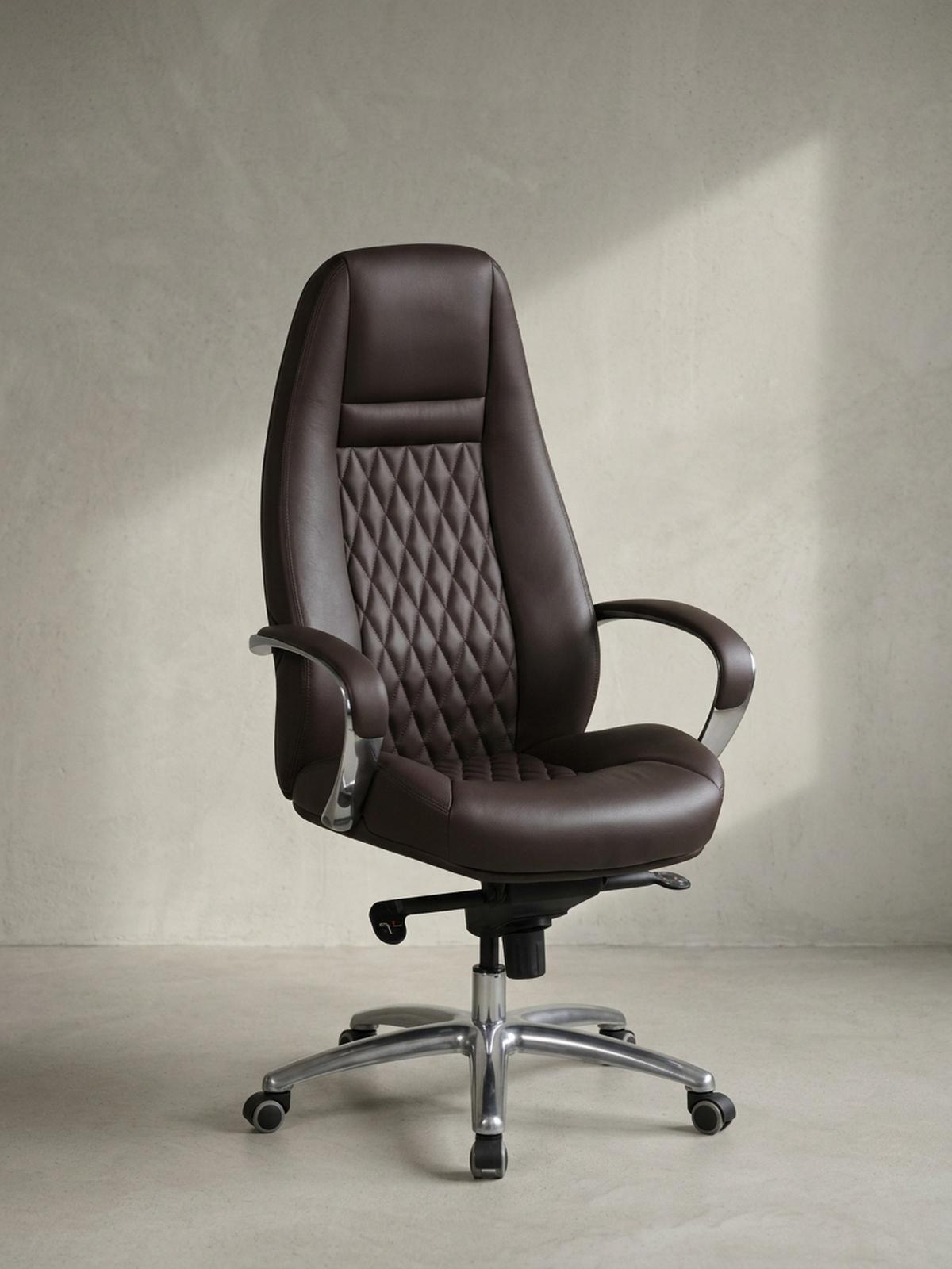 CHEFSESSEL Echtleder mit Aluminiumfußkreuz und ergonomischer Sitzform MADRID, Braun 70x68x130 cm - Silberfarben/Braun, Leder/Metall (70/130/68cm) - KADIMA DESIGN
