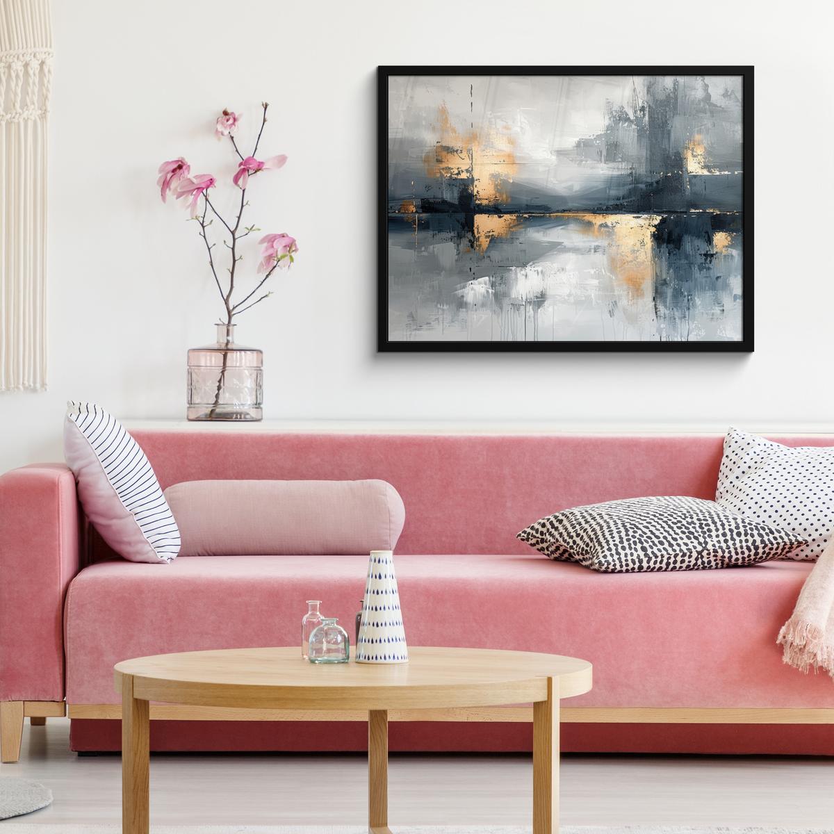 POSTER MIT RAHMENGERAHMTES BILD Kunst - Grau - Gold - Abstrakt 80x60 cm - Dunkelgrau, Papier (80/60cm) - MuchoWow