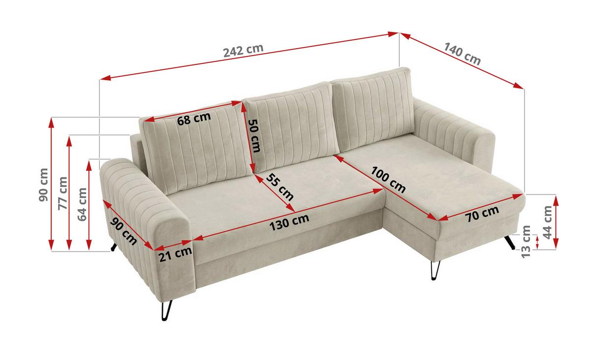 ECKSOFA Axel Velvet Beige - Beige/Schwarz, Textil/Metall (242/140cm) - MKS