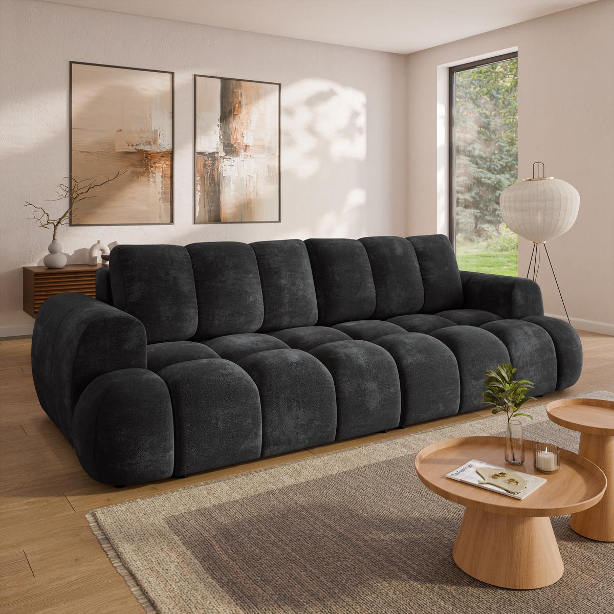 BETTSOFA DAFNE Schwarz Chenille-Stoff mit Schlaffunktion - Schwarz, Textil (300/88/113cm) - MASSENO