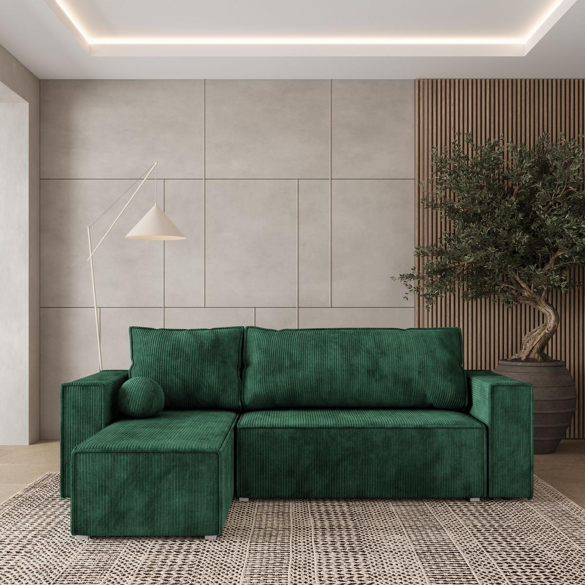 ECKSOFA RAVELO P Grün Kordstoff mit Schlaffunktion - Grau/Grün, Holz/Kunststoff (240/140cm) - MASSENO