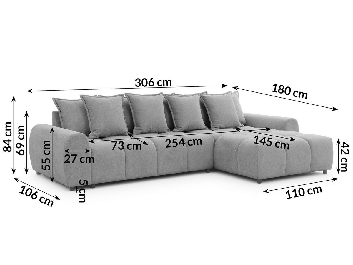 ECKSOFA Bubble mit losen Rückenkissen und Sitzfläche in Bubble-Optik aus weichem Grau Strukturstoff mit schöner Sitzkomfort - Ottomane rechts - Schwarz/Grau, Holz/Kunststoff (306/180cm) - S-Style Möbel