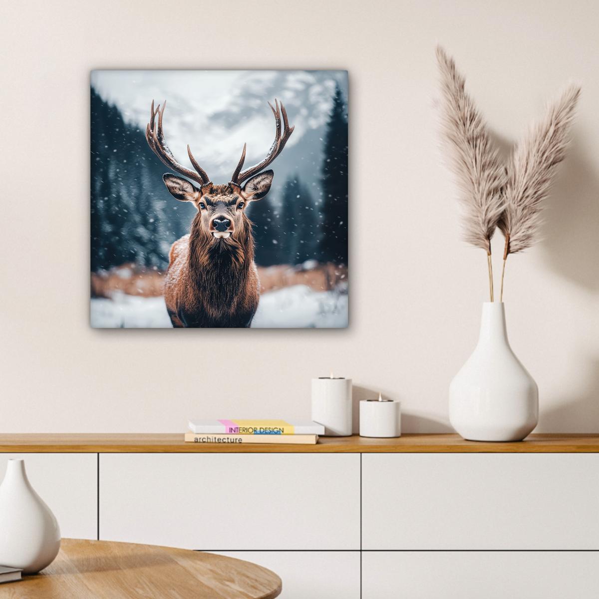 LEINWANDBILD Hirsche - Tiere - Landschaft - Winter - Schnee Wandbild Wohnzimmer 50x50 cm - Kastanienfarben, Textil (50/50cm) - MuchoWow